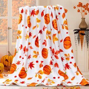 Fall Throw Blanket - Halloween Pumpkin‎ Plush, Fuzzy Orange Leaf, 50'' x 60